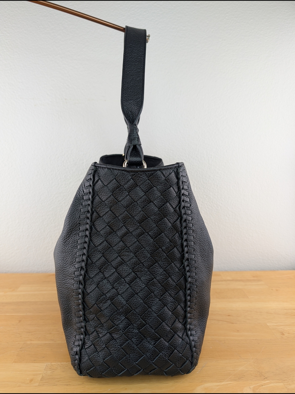 Cole Haan Dillan Black Pebbled Leather Hobo Shoulder Bag Basket-weave Detail - Picture 4 of 15
